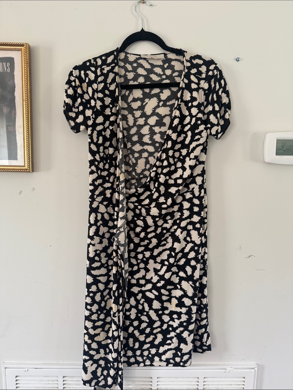 LOFT Black and Cream Printed Wrap Dress